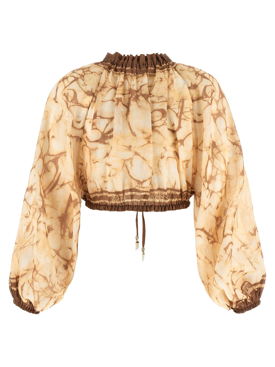 Zimmermann Indra Tie Dye Ramie Crop Top For Women With Elastic High Neck And Puff Sleeves