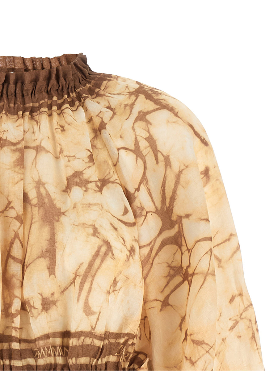 Zimmermann Indra Tie Dye Ramie Crop Top For Women With Elastic High Neck And Puff Sleeves