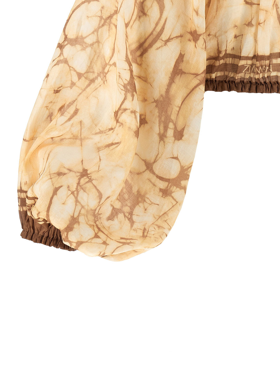 Zimmermann Indra Tie Dye Ramie Crop Top For Women With Elastic High Neck And Puff Sleeves