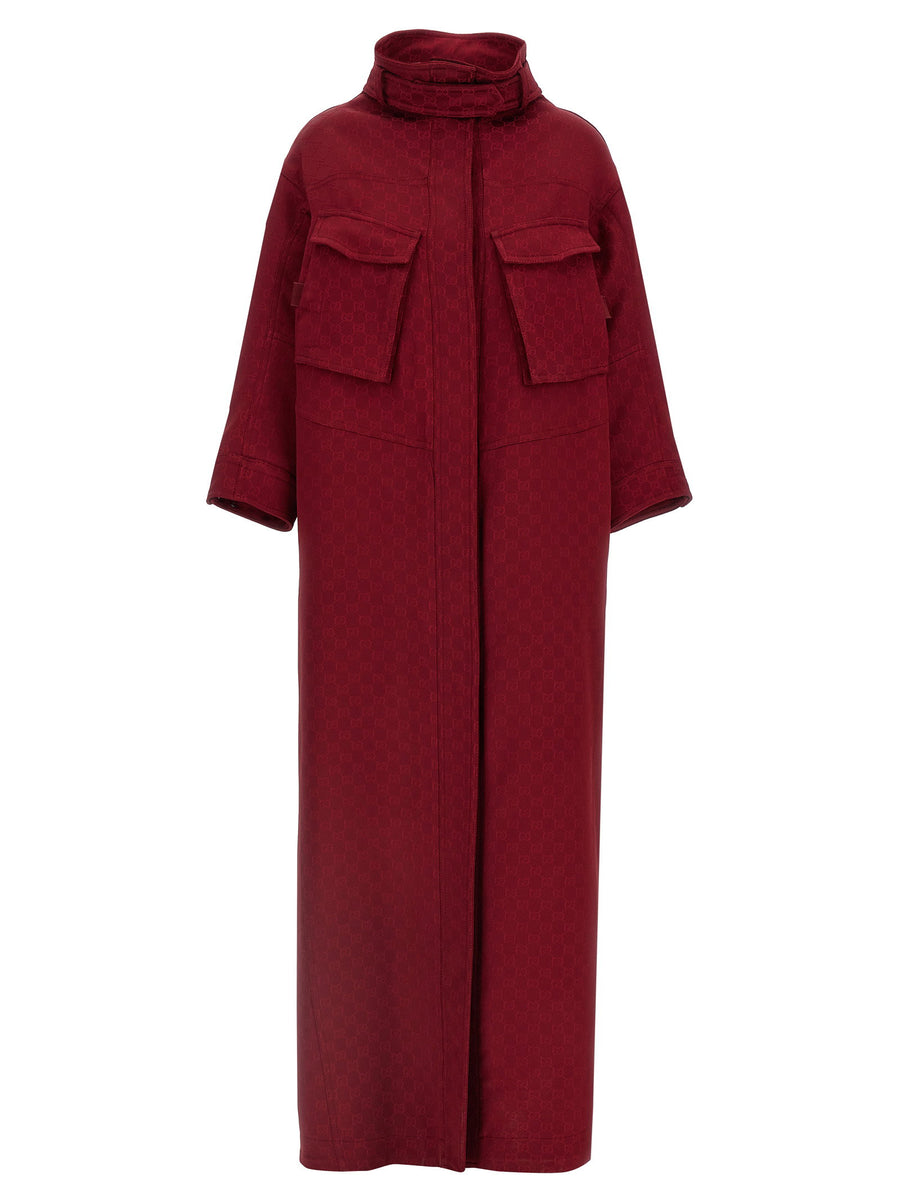 Gucci GG Coat For Women Red Jacquard Luxury Outerwear With Viscose Lining Versatile Day To Night Style Rosso Ancora