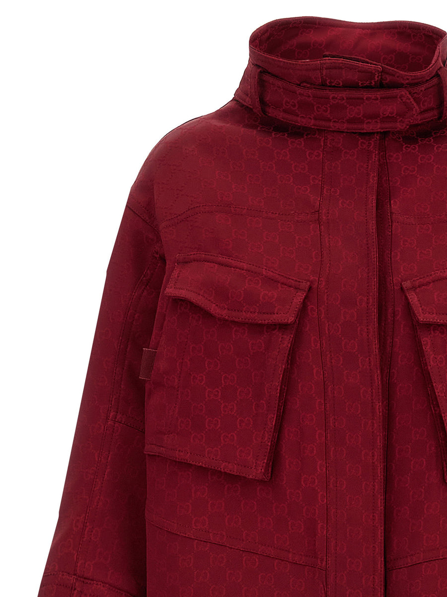 Gucci GG Coat For Women Red Jacquard Luxury Outerwear With Viscose Lining Versatile Day To Night Style Rosso Ancora