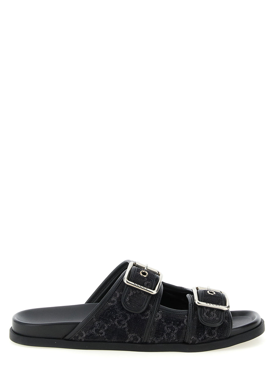Gucci GG Denim Slides Black Leather Sole Anatomical Footbed Unisex