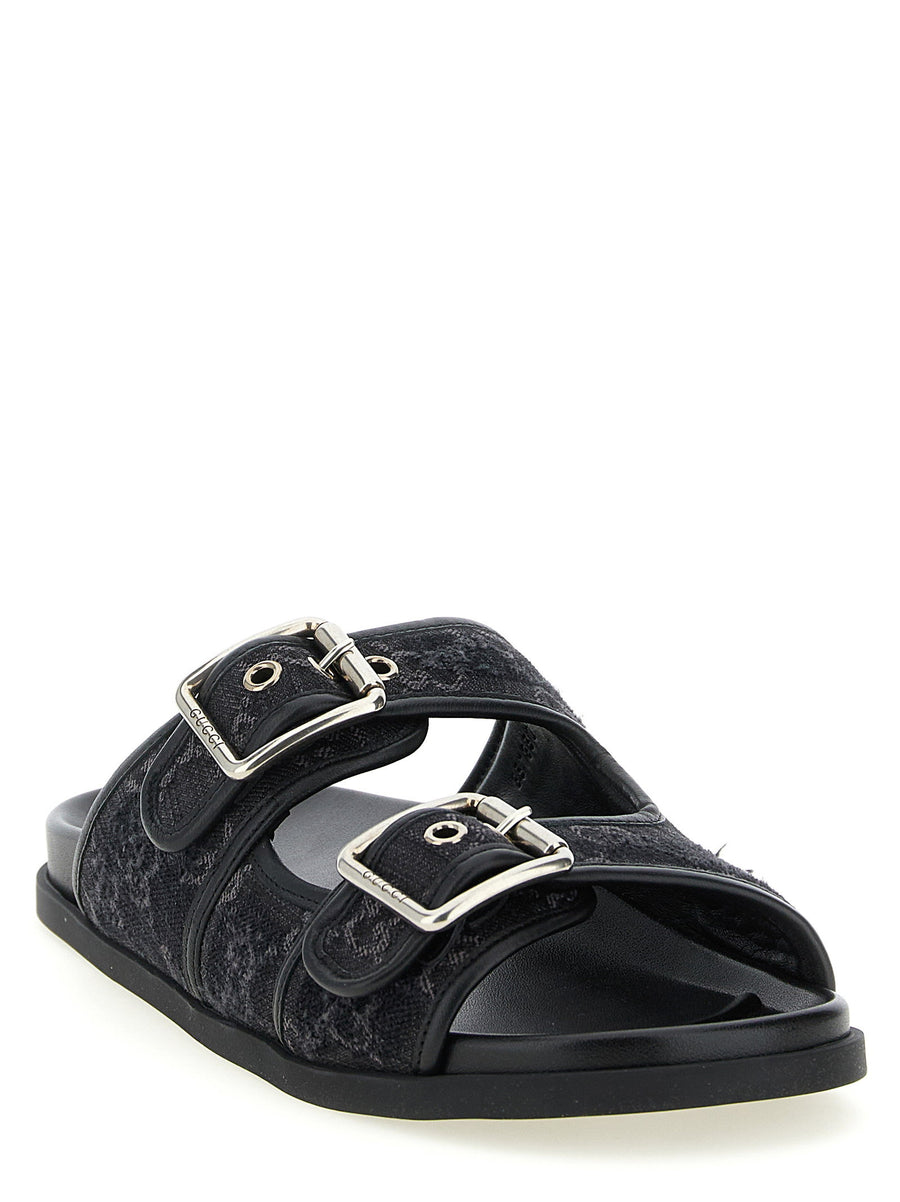 Gucci GG Denim Slides Black Leather Sole Anatomical Footbed Unisex