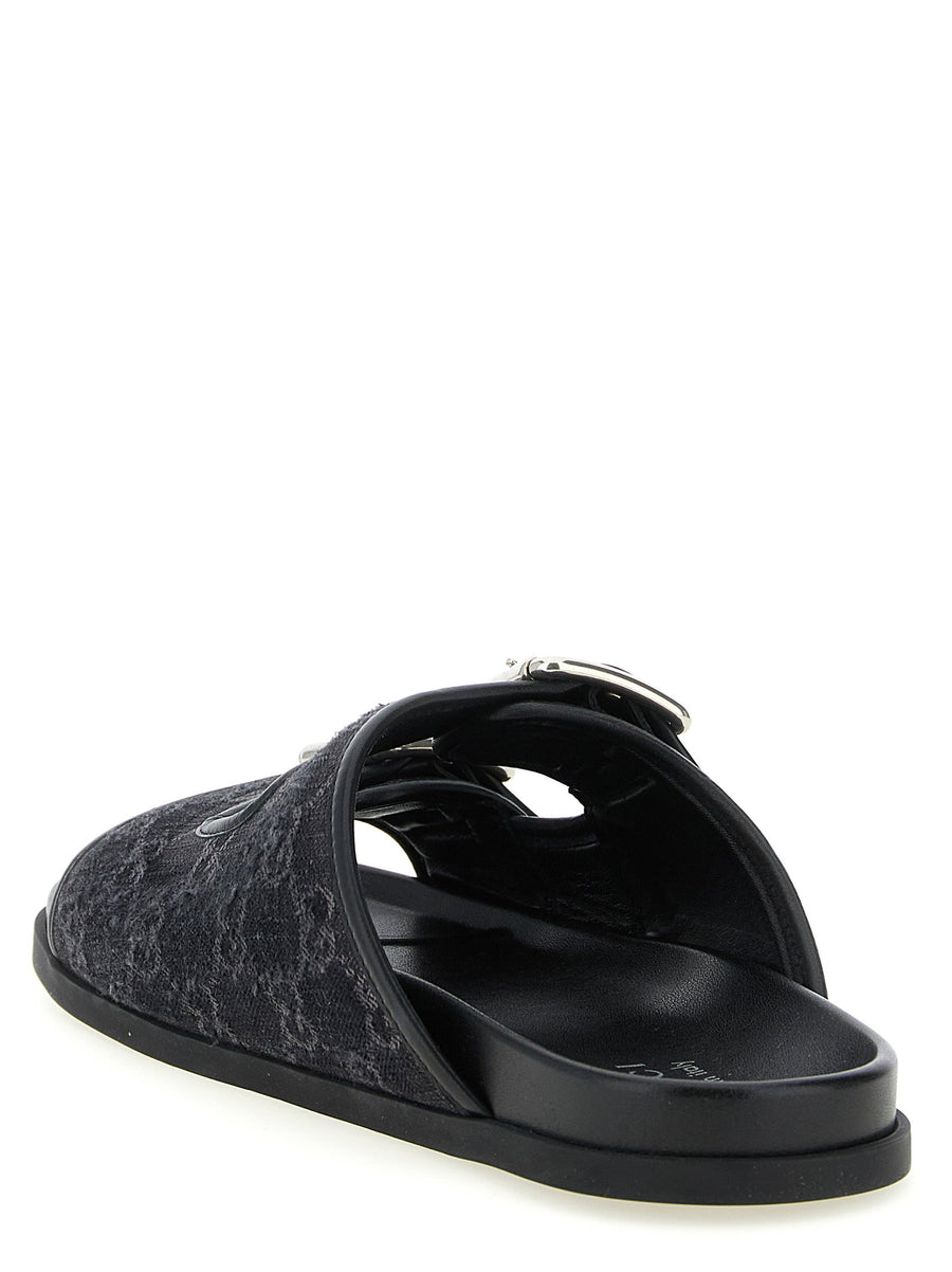 Gucci GG Denim Slides Black Leather Sole Anatomical Footbed Unisex