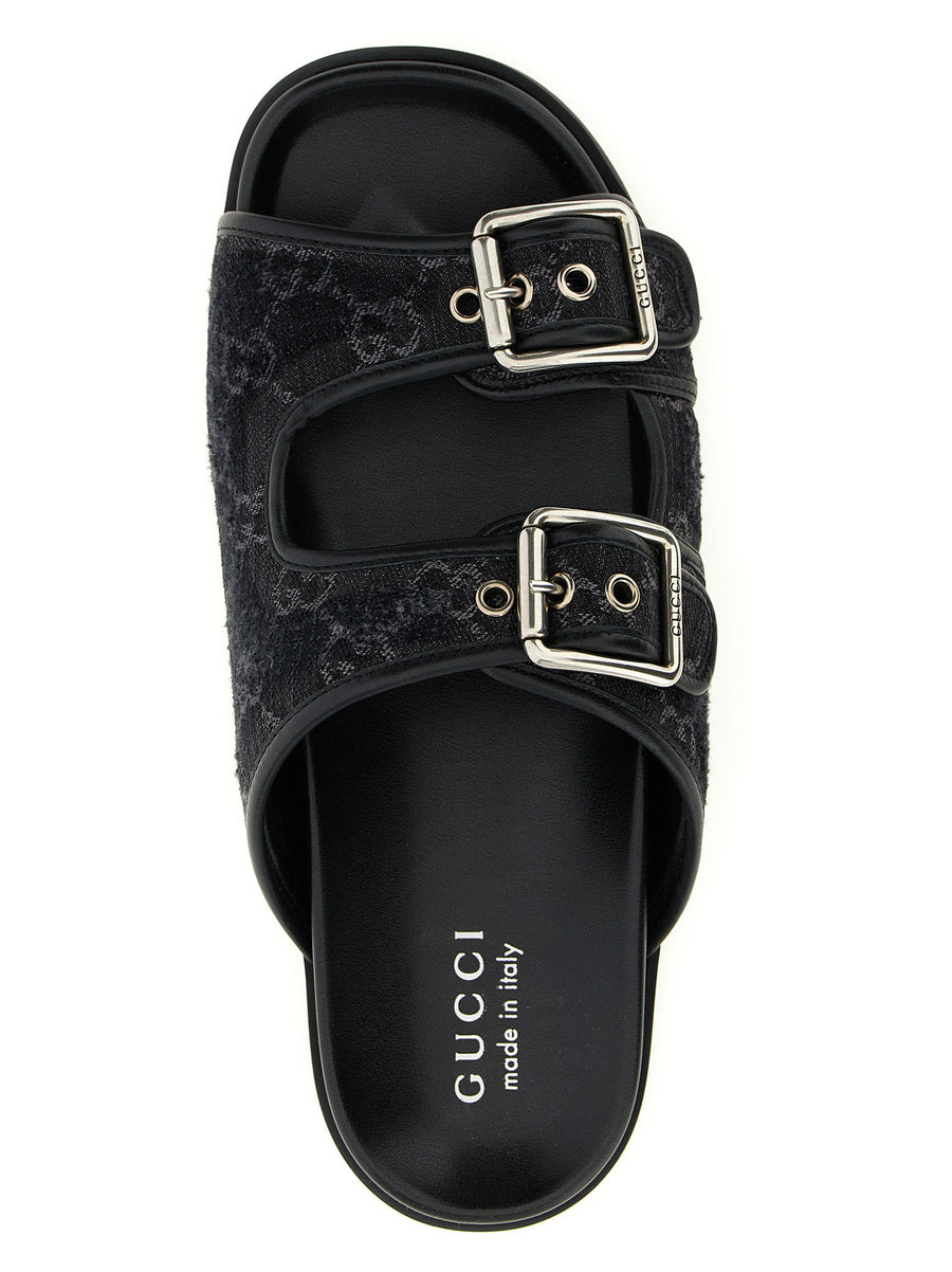 Gucci GG Denim Slides Black Leather Sole Anatomical Footbed Unisex