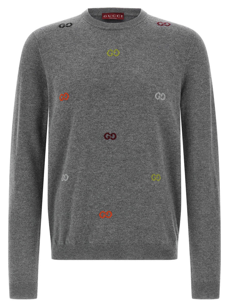 Gucci GG Intarsia Cashmere Sweater For Men With Gray Crew Neck And Luxury Warmth