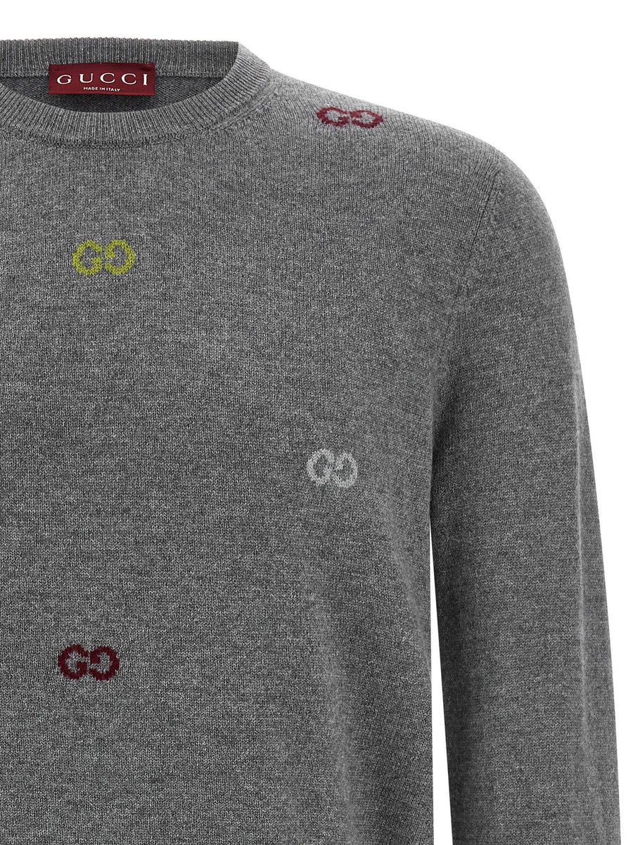 Gucci GG Intarsia Cashmere Sweater For Men With Gray Crew Neck And Luxury Warmth