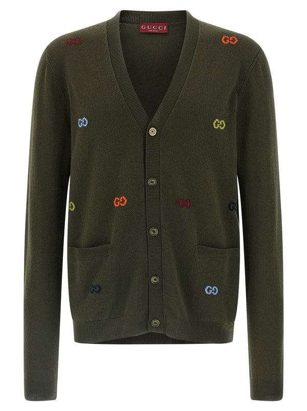 Gucci GG Intarsia Cashmere Cardigan For Men Green Base With Multicolor GG Logo Luxurious Knit