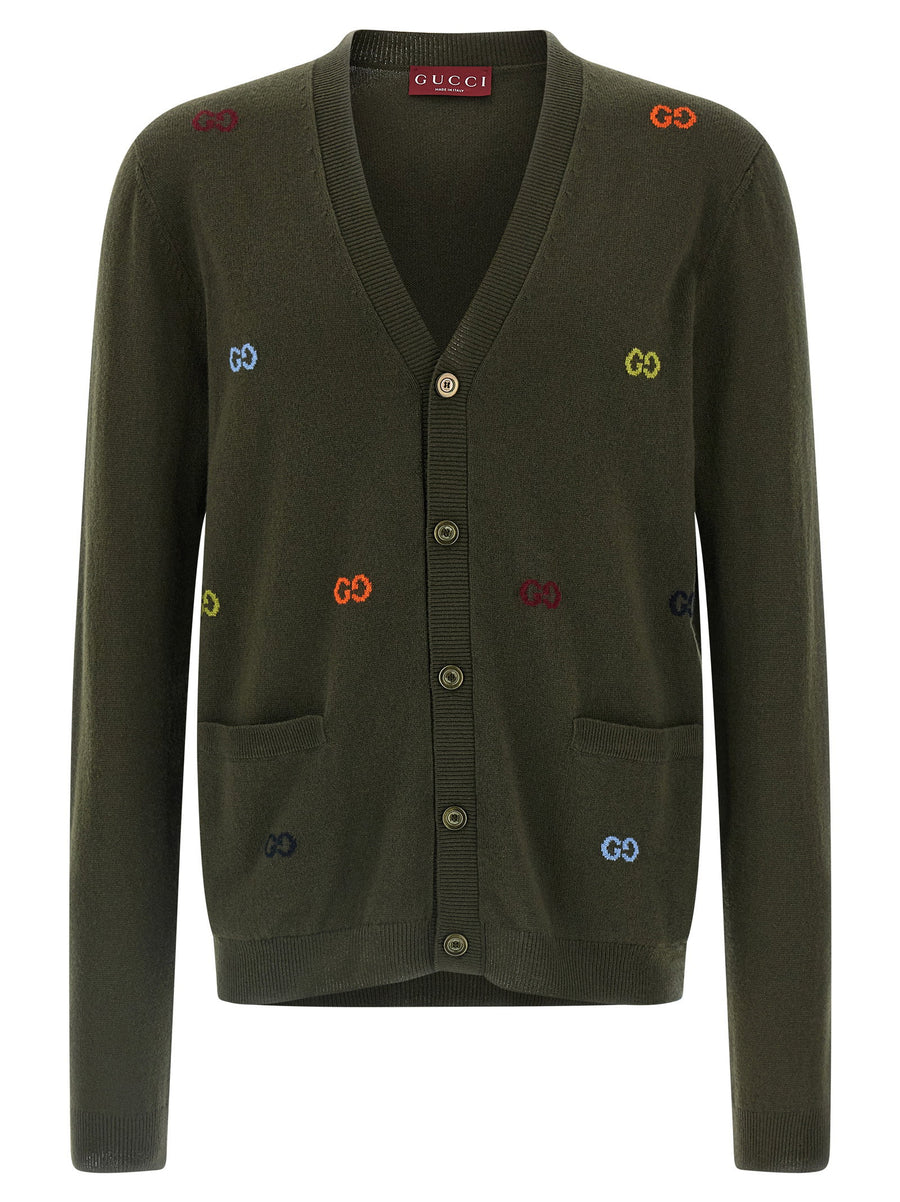 Gucci GG Intarsia Cashmere Cardigan For Men Green Base With Multicolor GG Logo Luxurious Knit