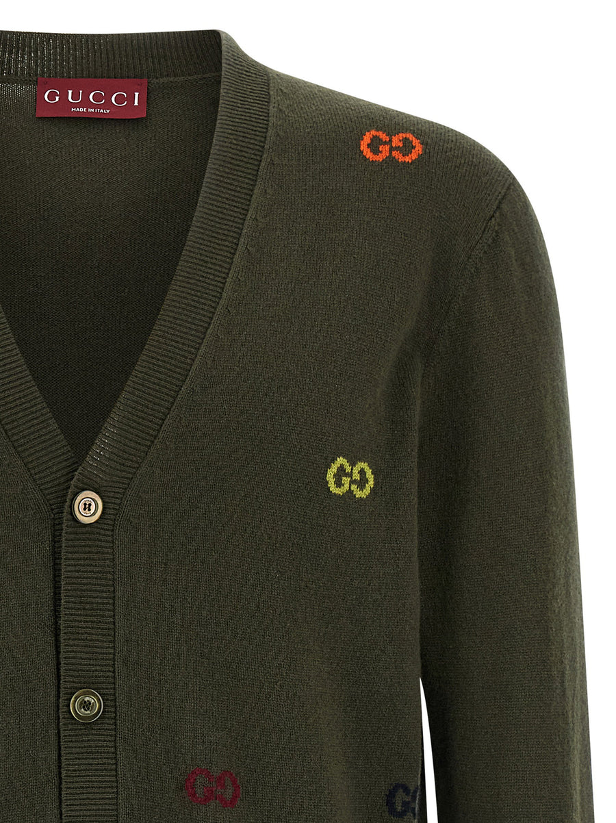 Gucci GG Intarsia Cashmere Cardigan For Men Green Base With Multicolor GG Logo Luxurious Knit