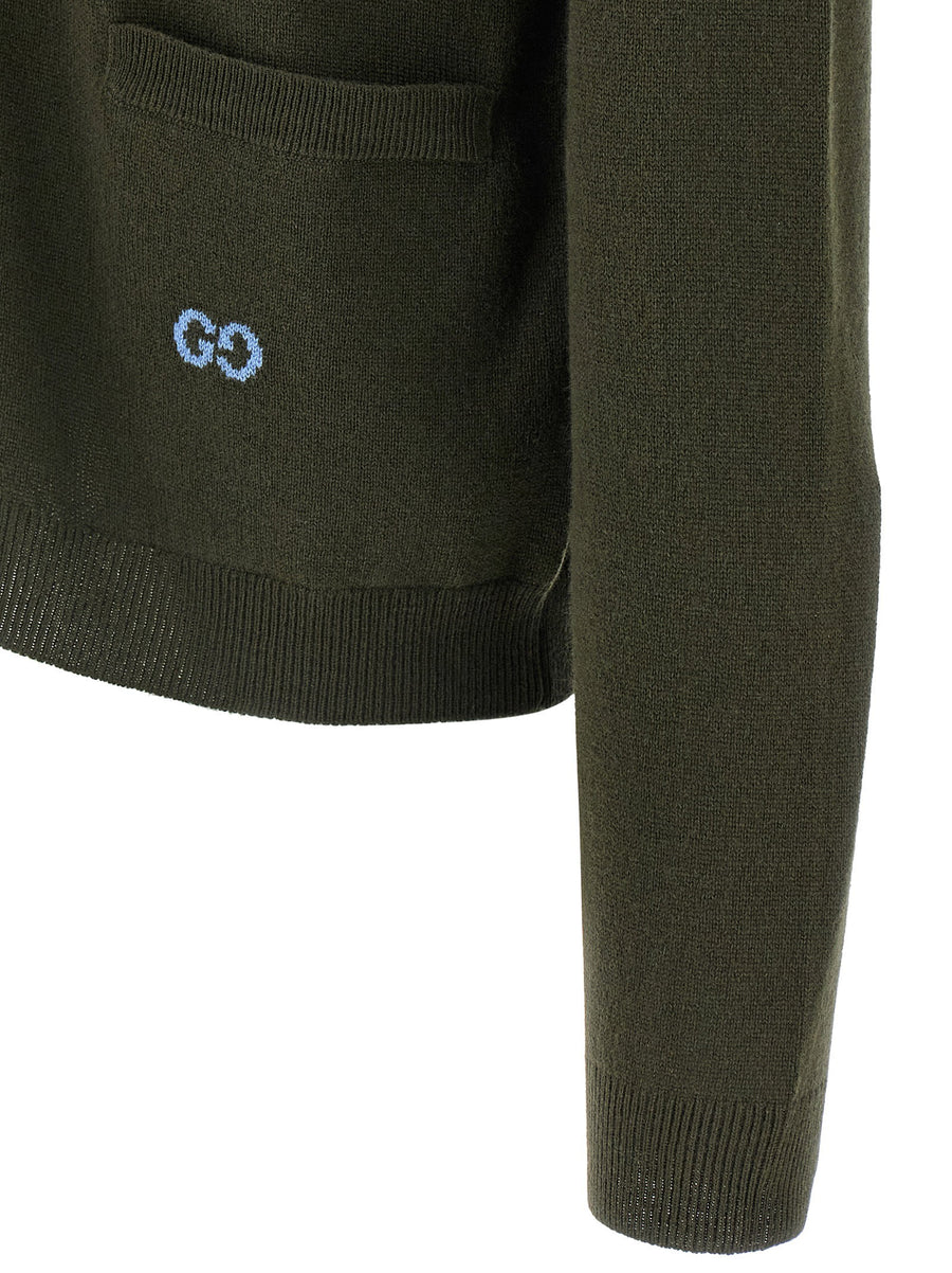 Gucci GG Intarsia Cashmere Cardigan For Men Green Base With Multicolor GG Logo Luxurious Knit
