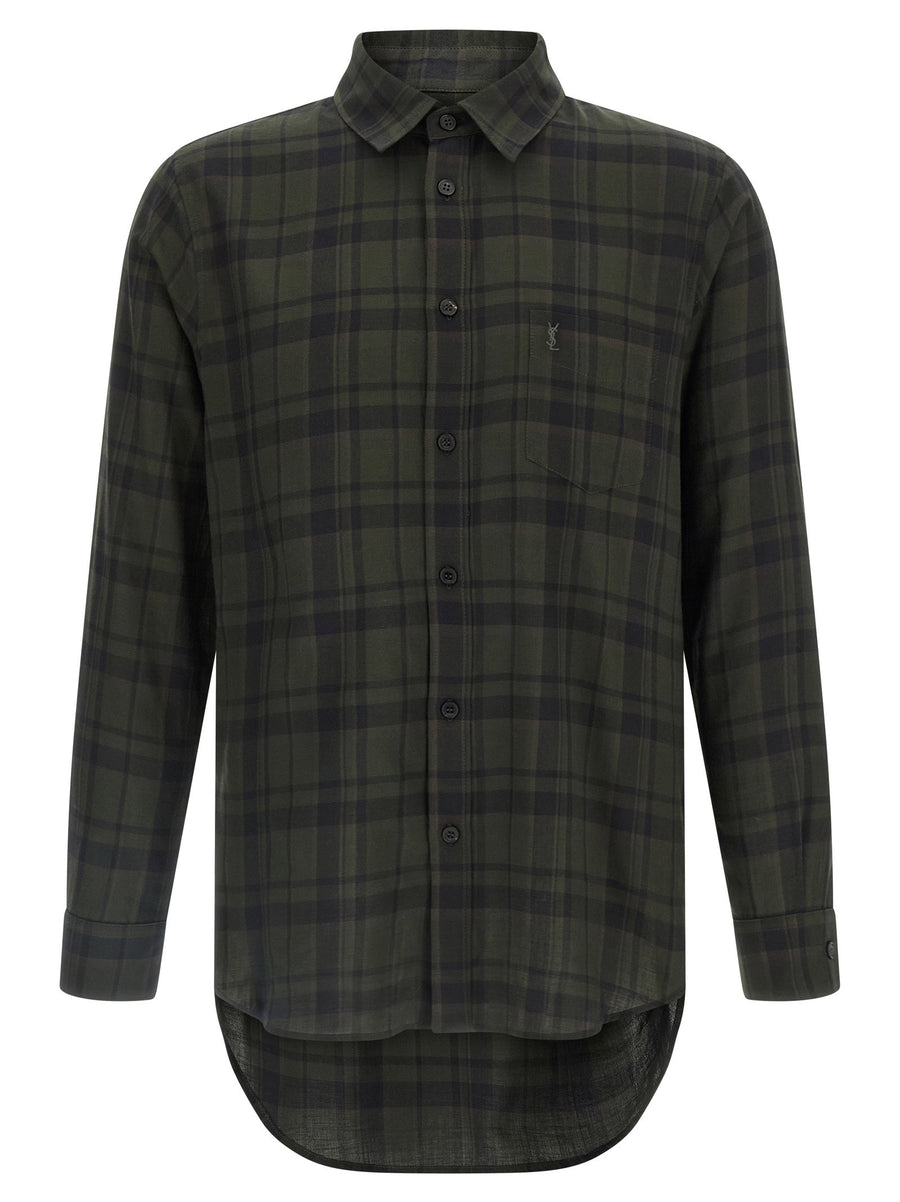 Saint Laurent Cassandre Shirt For Men Lightweight Green Cotton With Cassandre Embroidery And Checked Pattern