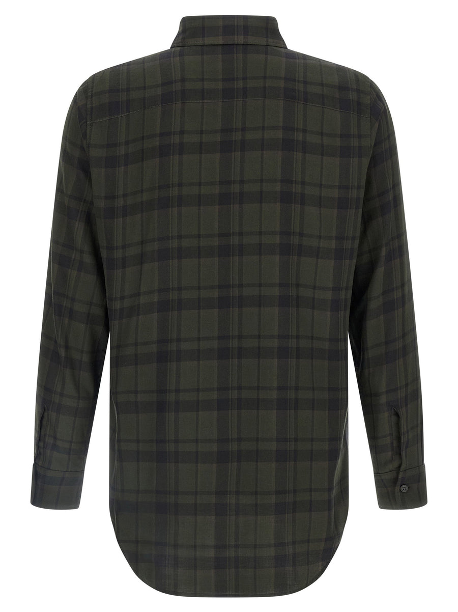 Saint Laurent Cassandre Shirt For Men Lightweight Green Cotton With Cassandre Embroidery And Checked Pattern