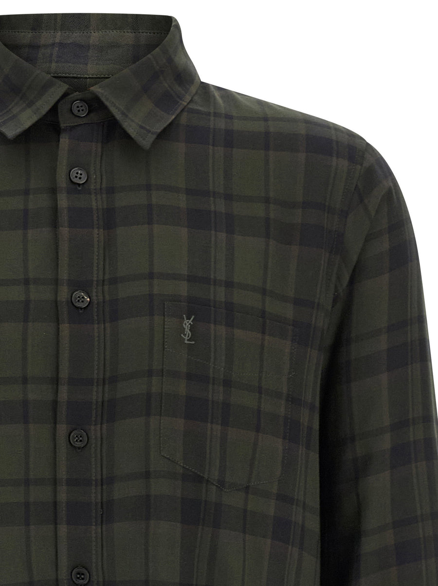 Saint Laurent Cassandre Shirt For Men Lightweight Green Cotton With Cassandre Embroidery And Checked Pattern