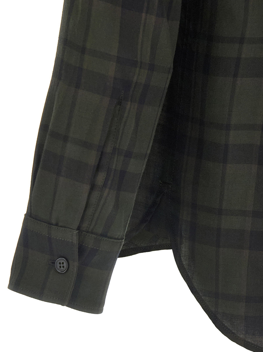 Saint Laurent Cassandre Shirt For Men Lightweight Green Cotton With Cassandre Embroidery And Checked Pattern