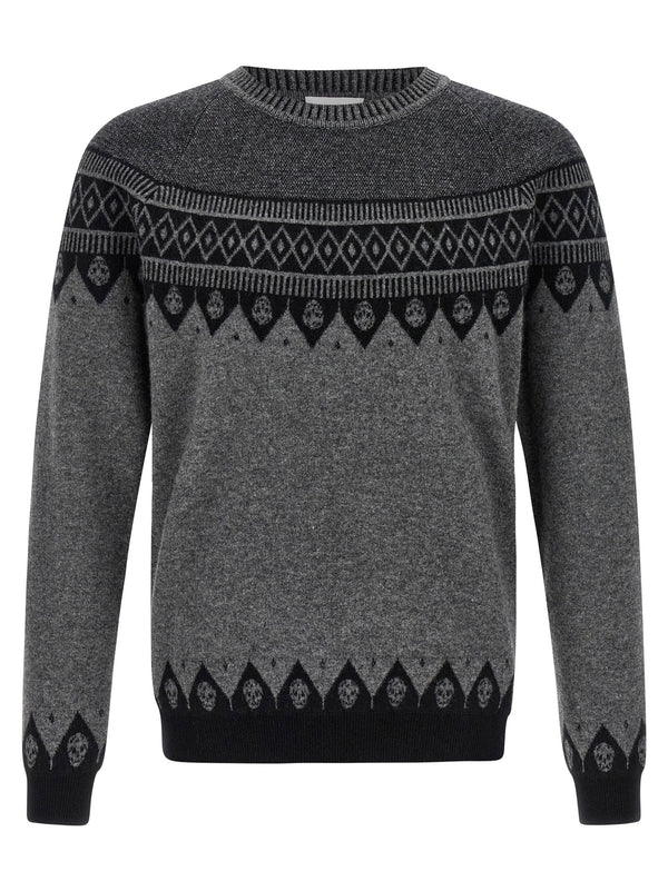 Alexander McQueen Premium Skull Knitwear Sweater For Men In Gray Wool With Jacquard Skull Motif