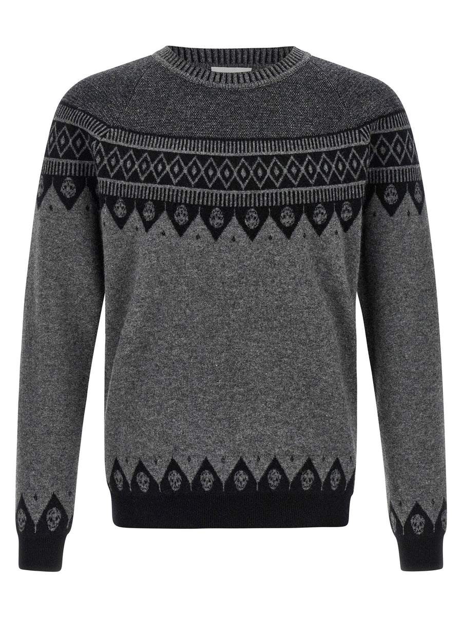 Alexander McQueen Premium Skull Knitwear Sweater For Men In Gray Wool With Jacquard Skull Motif