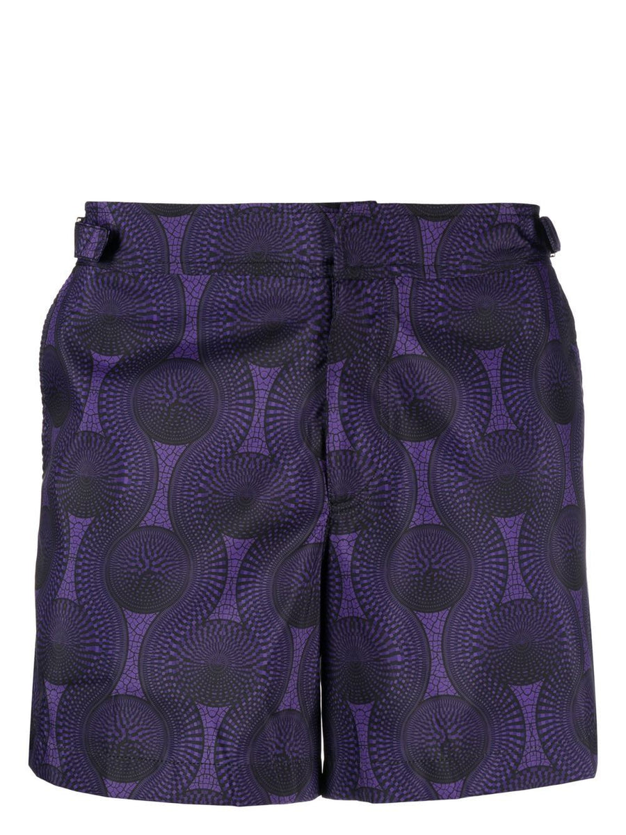 Ozwald Boateng Mens Purple Mosaic Print Swim Shorts With Side Buckle Closure Above Knee Length Luxury Resortwear