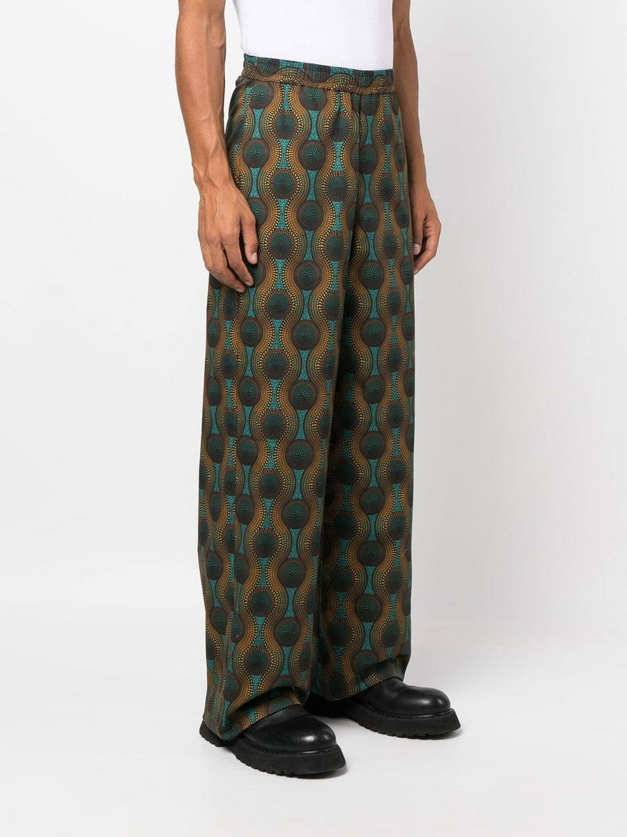 Ozwald Boateng Premium Elastic Waist Printed Cotton Trousers For Modern Men Orange Geometric Wide Leg