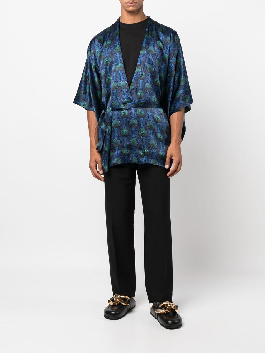 Ozwald Boateng Printed Silk Short Kimono for Men Open Front With Geometric Print and Self Tie