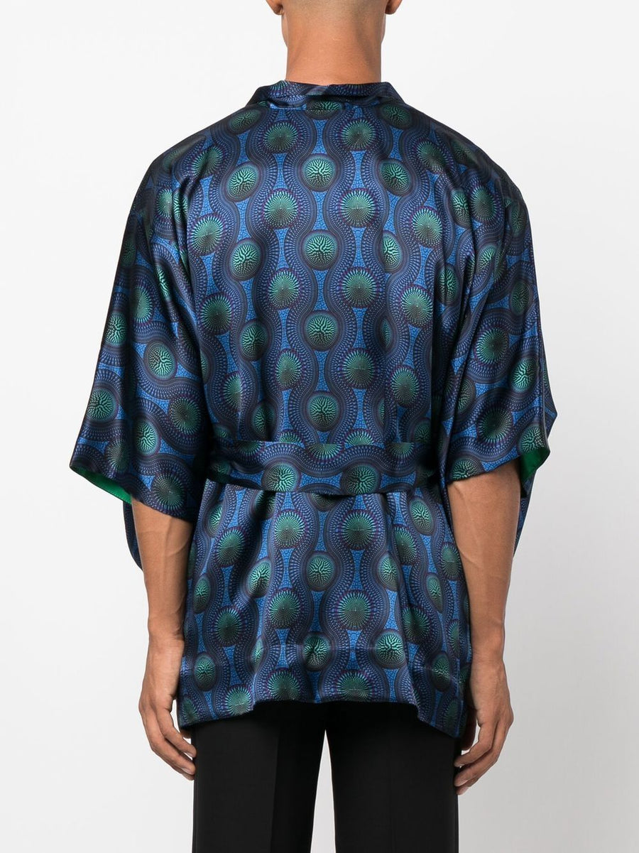 Ozwald Boateng Printed Silk Short Kimono for Men Open Front With Geometric Print and Self Tie