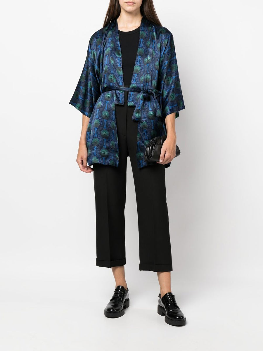 Ozwald Boateng Printed Silk Short Kimono for Men Open Front With Geometric Print and Self Tie