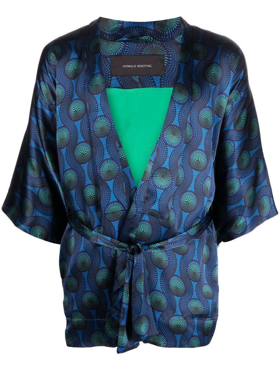 Ozwald Boateng Printed Silk Short Kimono for Men Open Front With Geometric Print and Self Tie