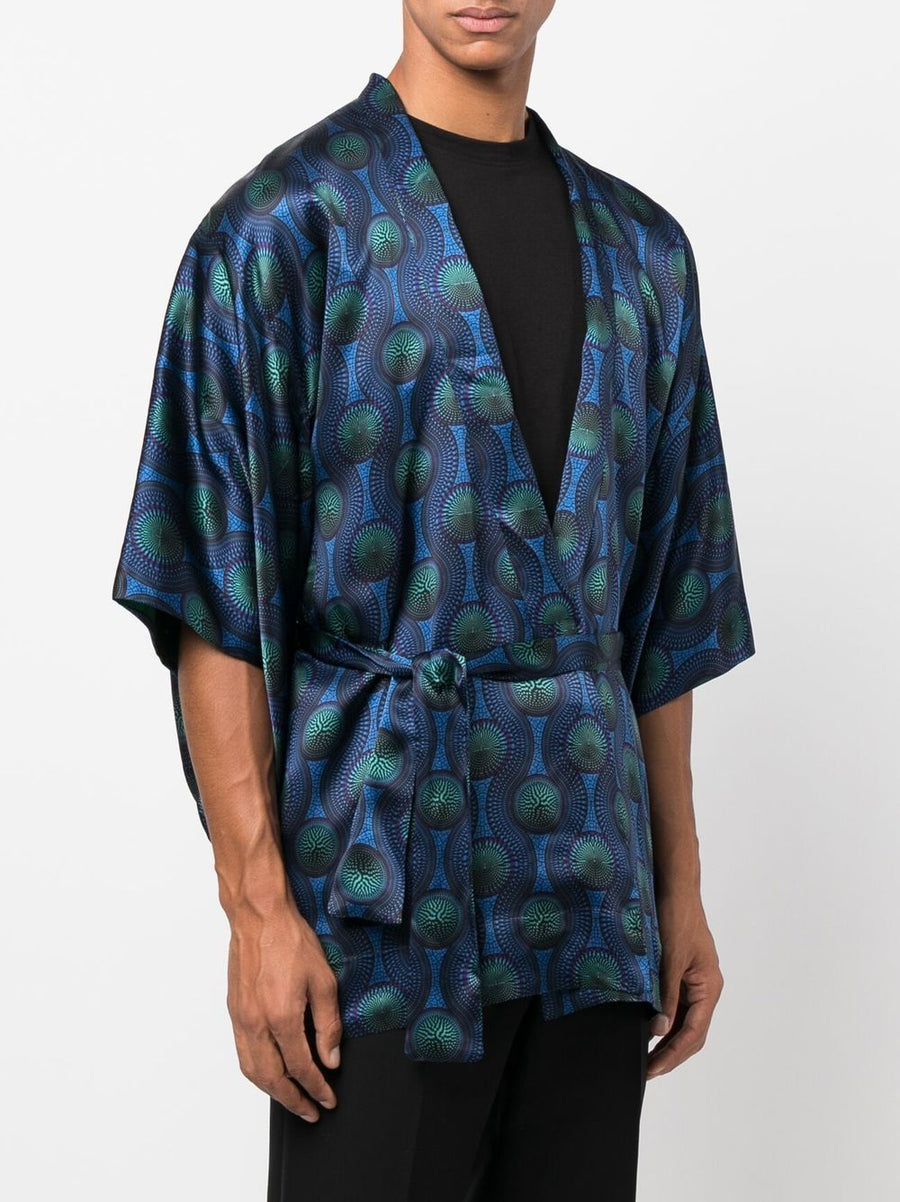 Ozwald Boateng Printed Silk Short Kimono for Men Open Front With Geometric Print and Self Tie