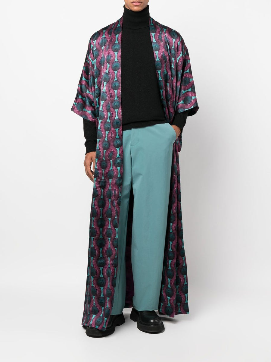 Ozwald Boateng Silk Kimono Dress Printed Purple Multicolor Geometric Print For Evening Glamour