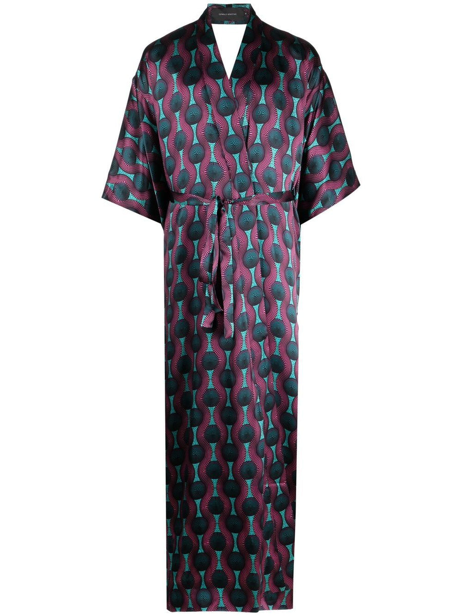 Ozwald Boateng Silk Kimono Dress Printed Purple Multicolor Geometric Print For Evening Glamour