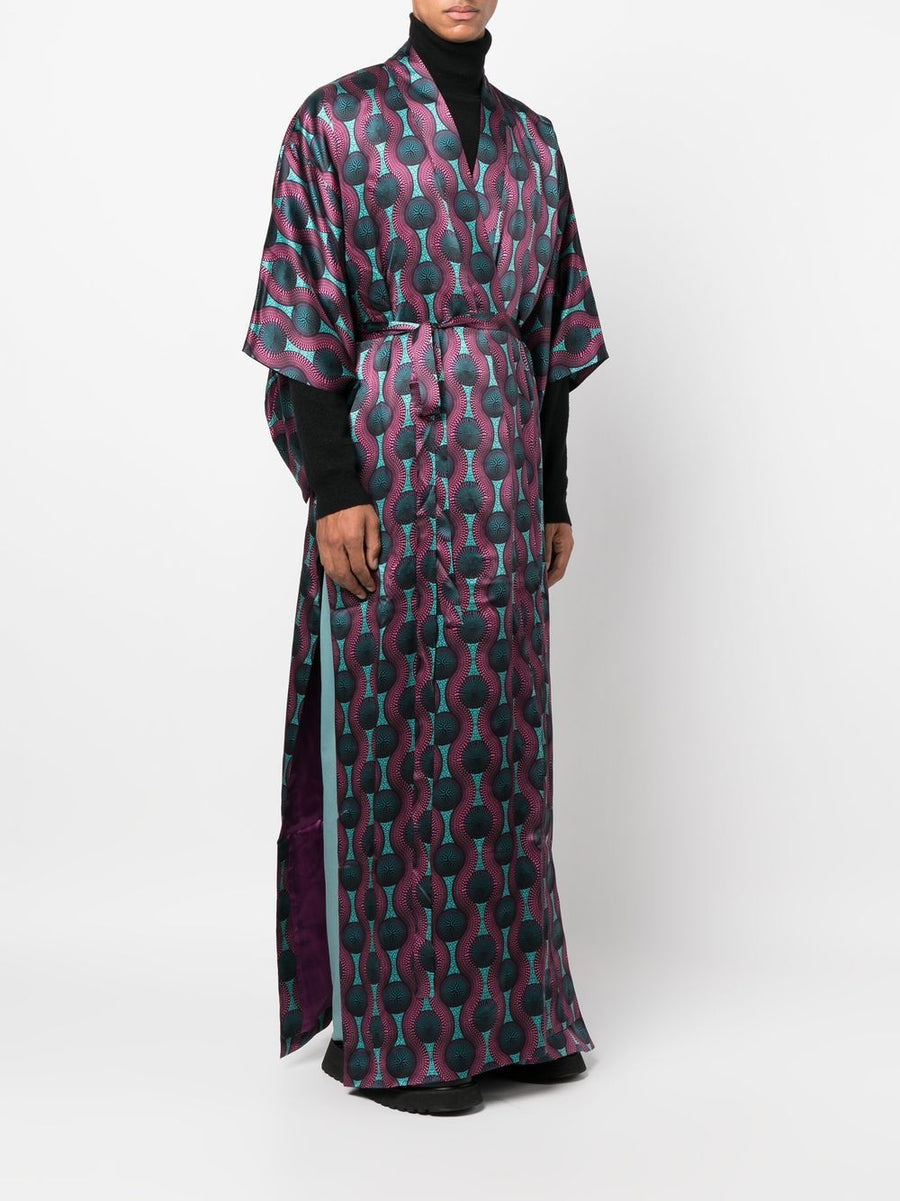 Ozwald Boateng Silk Kimono Dress Printed Purple Multicolor Geometric Print For Evening Glamour