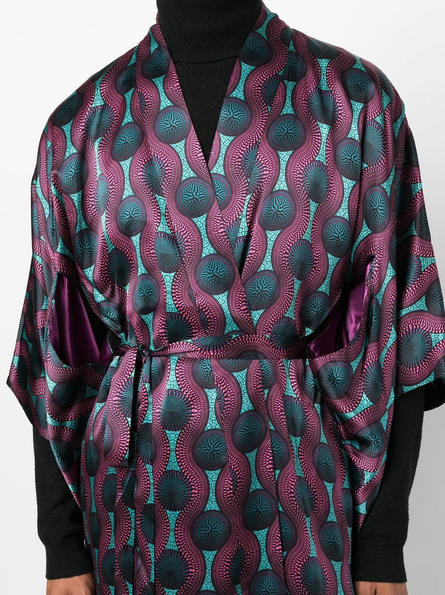 Ozwald Boateng Silk Kimono Dress Printed Purple Multicolor Geometric Print For Evening Glamour