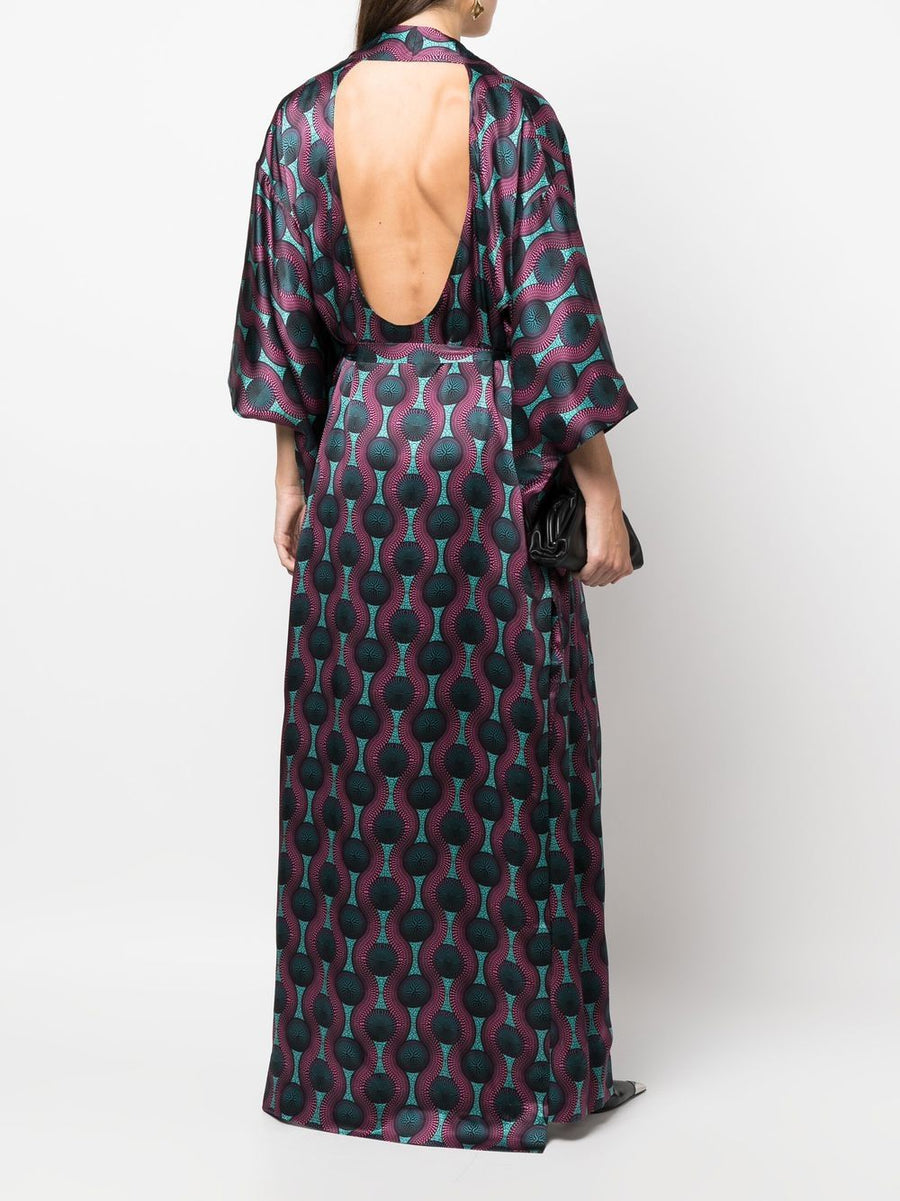 Ozwald Boateng Silk Kimono Dress Printed Purple Multicolor Geometric Print For Evening Glamour