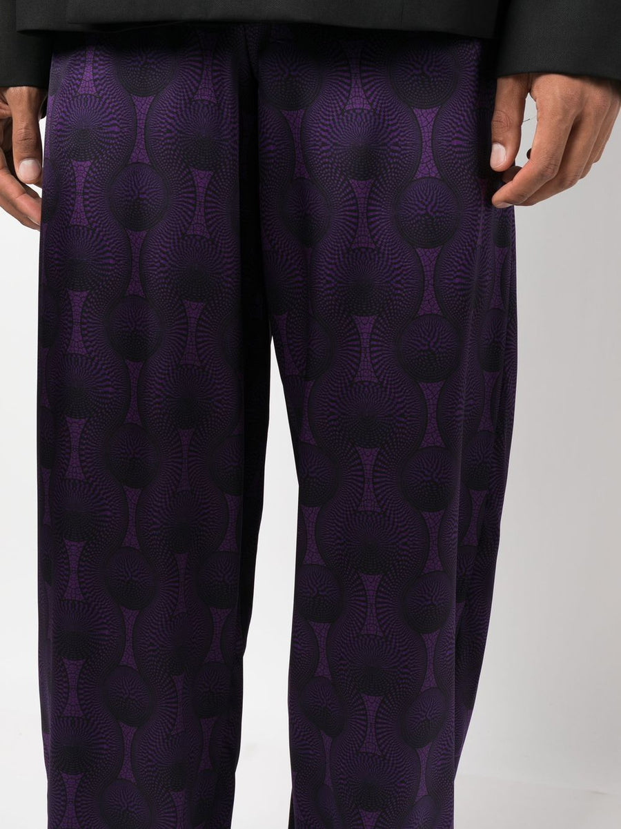 Ozwald Boateng Luxury Silk Trousers With Elastic Waist And Bold Purple Geometric Print For Men