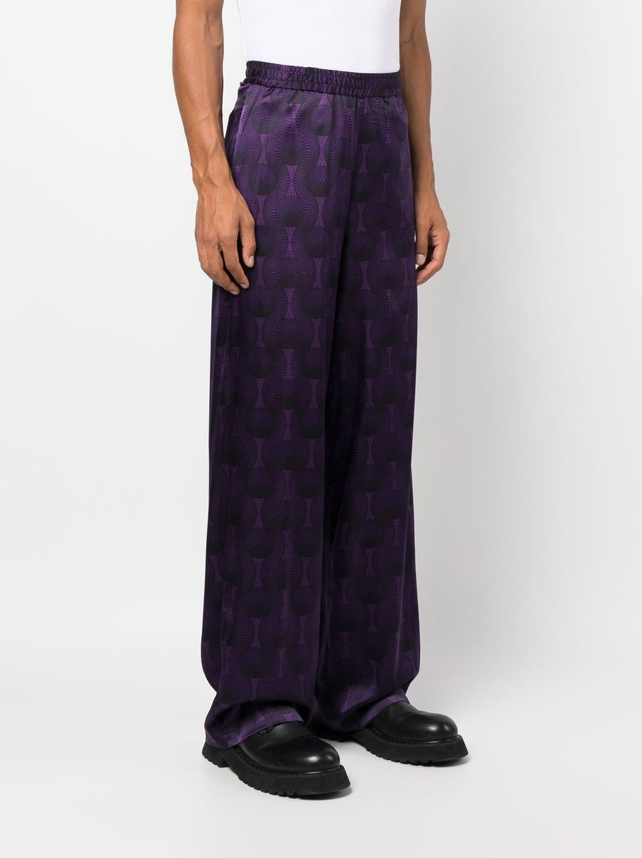 Ozwald Boateng Luxury Silk Trousers With Elastic Waist And Bold Purple Geometric Print For Men
