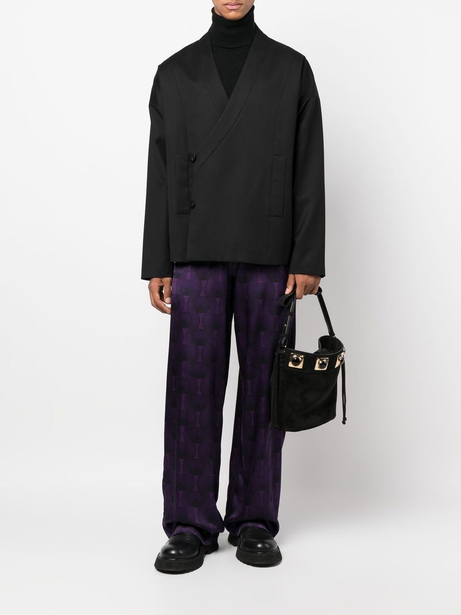 Ozwald Boateng Luxury Silk Trousers With Elastic Waist And Bold Purple Geometric Print For Men