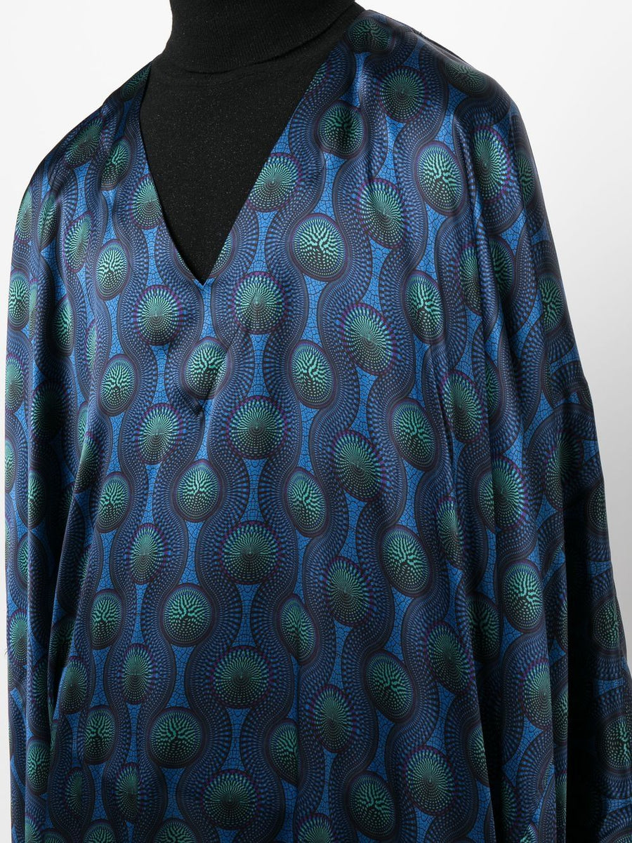 Ozwald Boateng Silk Kaftan Luxury Blue Geometric Print Slip On Resort Wear For Confident Men
