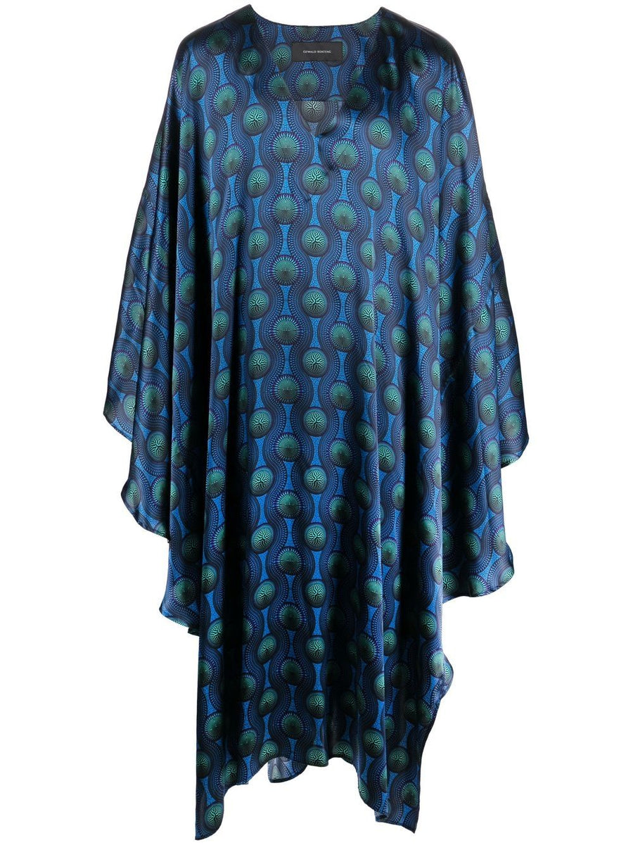 Ozwald Boateng Silk Kaftan Luxury Blue Geometric Print Slip On Resort Wear For Confident Men