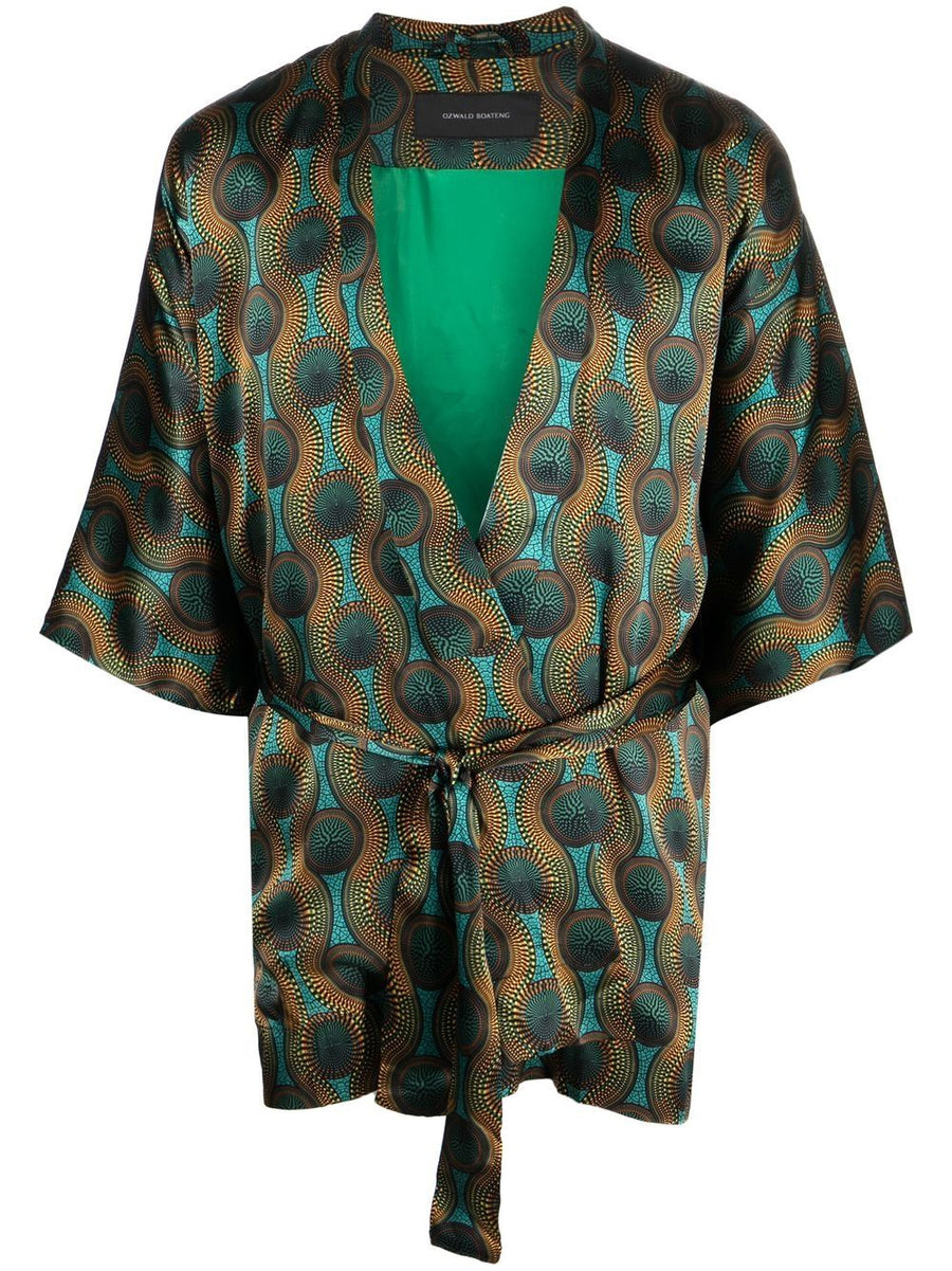 Ozwald Boateng Printed Silk Short Kimono For Men Bold Geometric Orange Multicolor Statement Piece