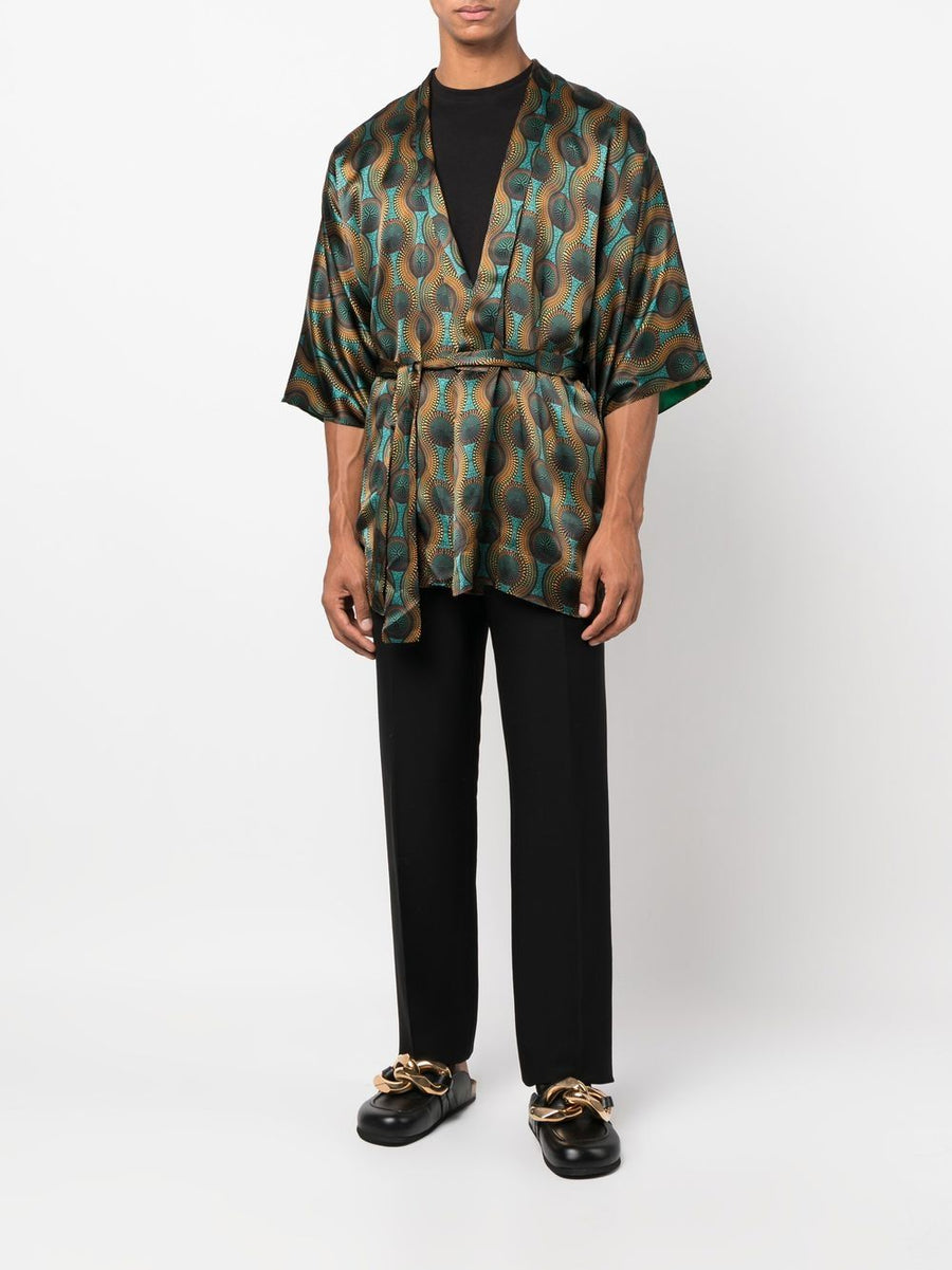 Ozwald Boateng Printed Silk Short Kimono For Men Bold Geometric Orange Multicolor Statement Piece