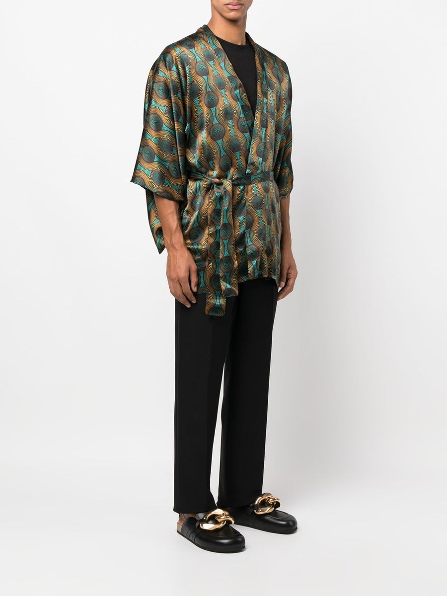 Ozwald Boateng Printed Silk Short Kimono For Men Bold Geometric Orange Multicolor Statement Piece