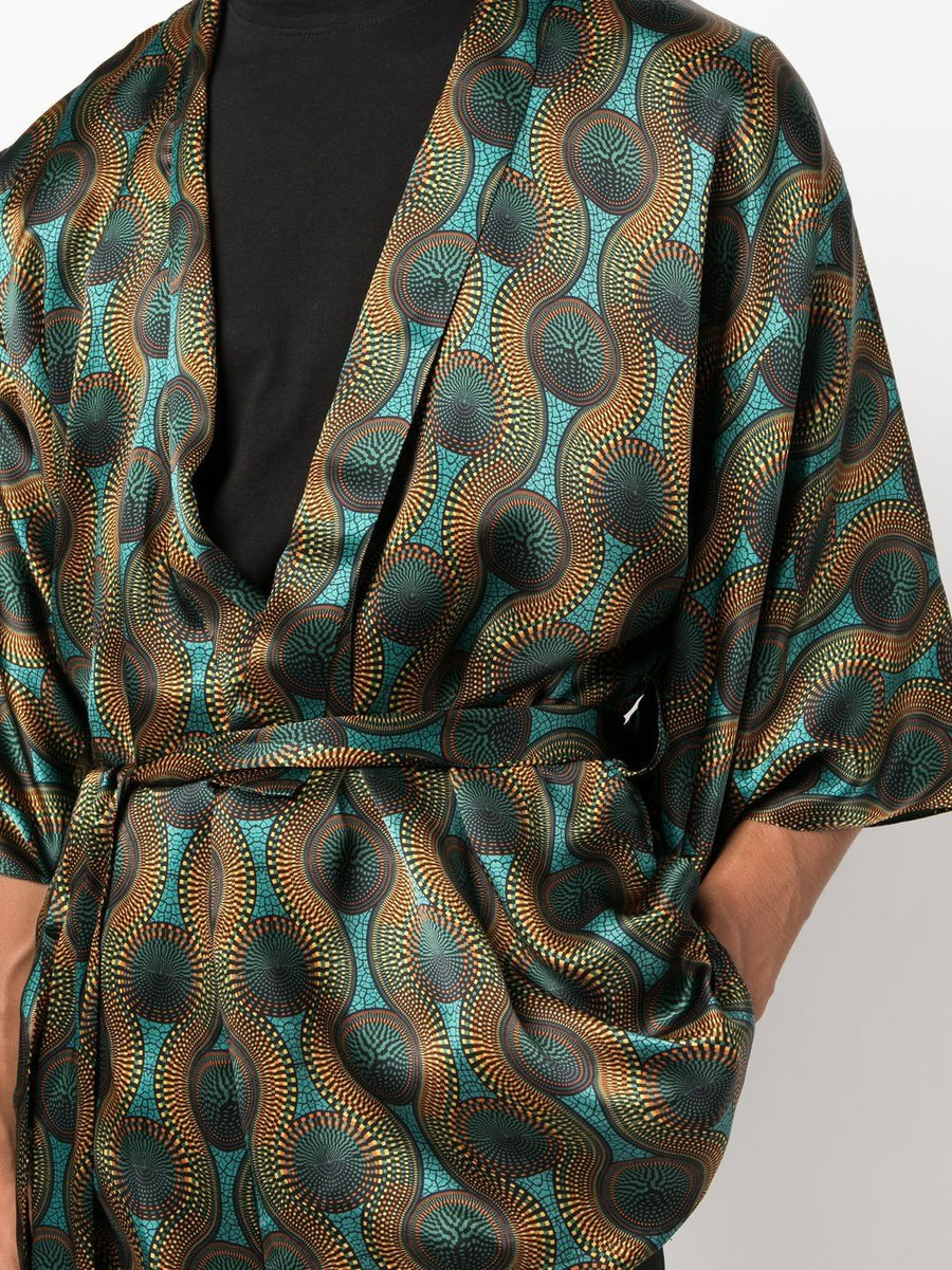 Ozwald Boateng Printed Silk Short Kimono For Men Bold Geometric Orange Multicolor Statement Piece