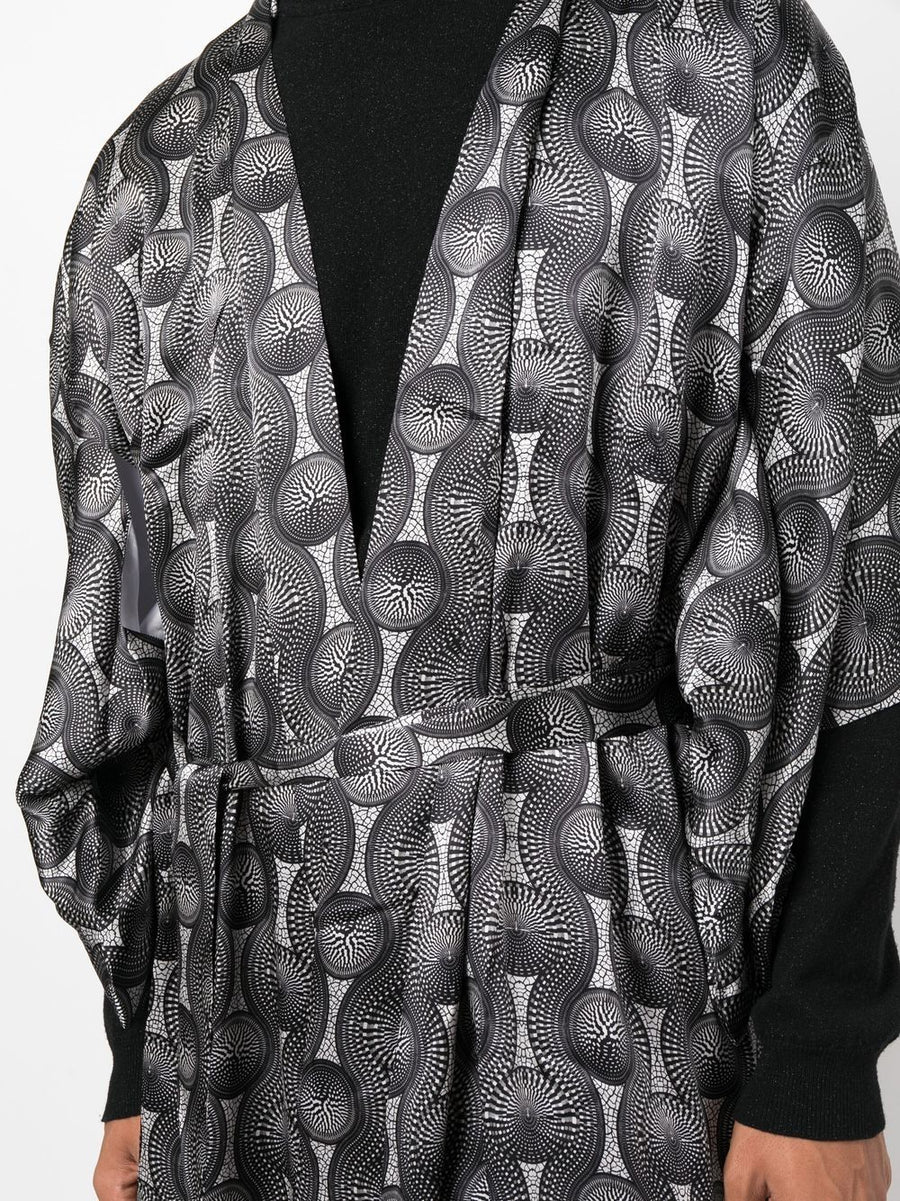 Ozwald Boateng Printed Silk Long Kimono Unisex Geometric Resortwear Open Front Luxe
