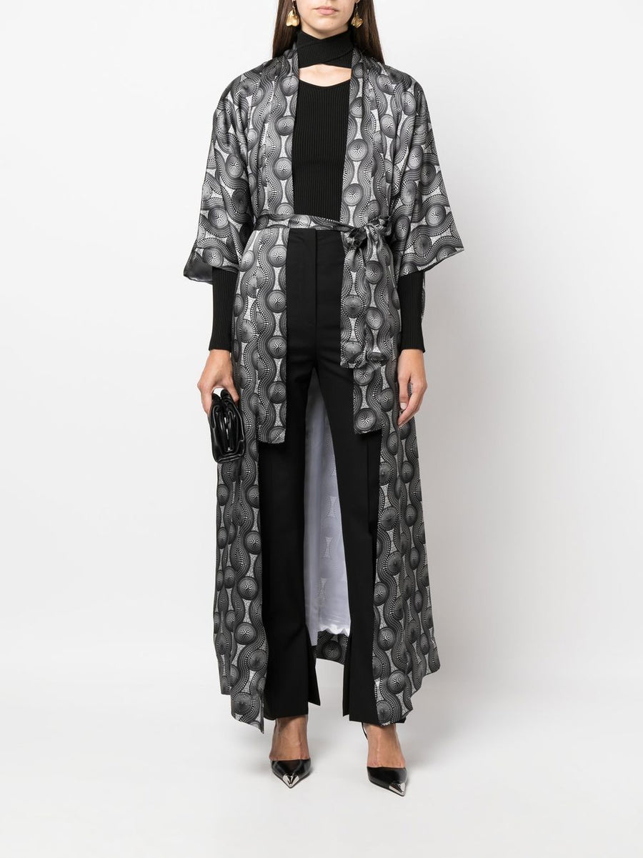 Ozwald Boateng Printed Silk Long Kimono Unisex Geometric Resortwear Open Front Luxe