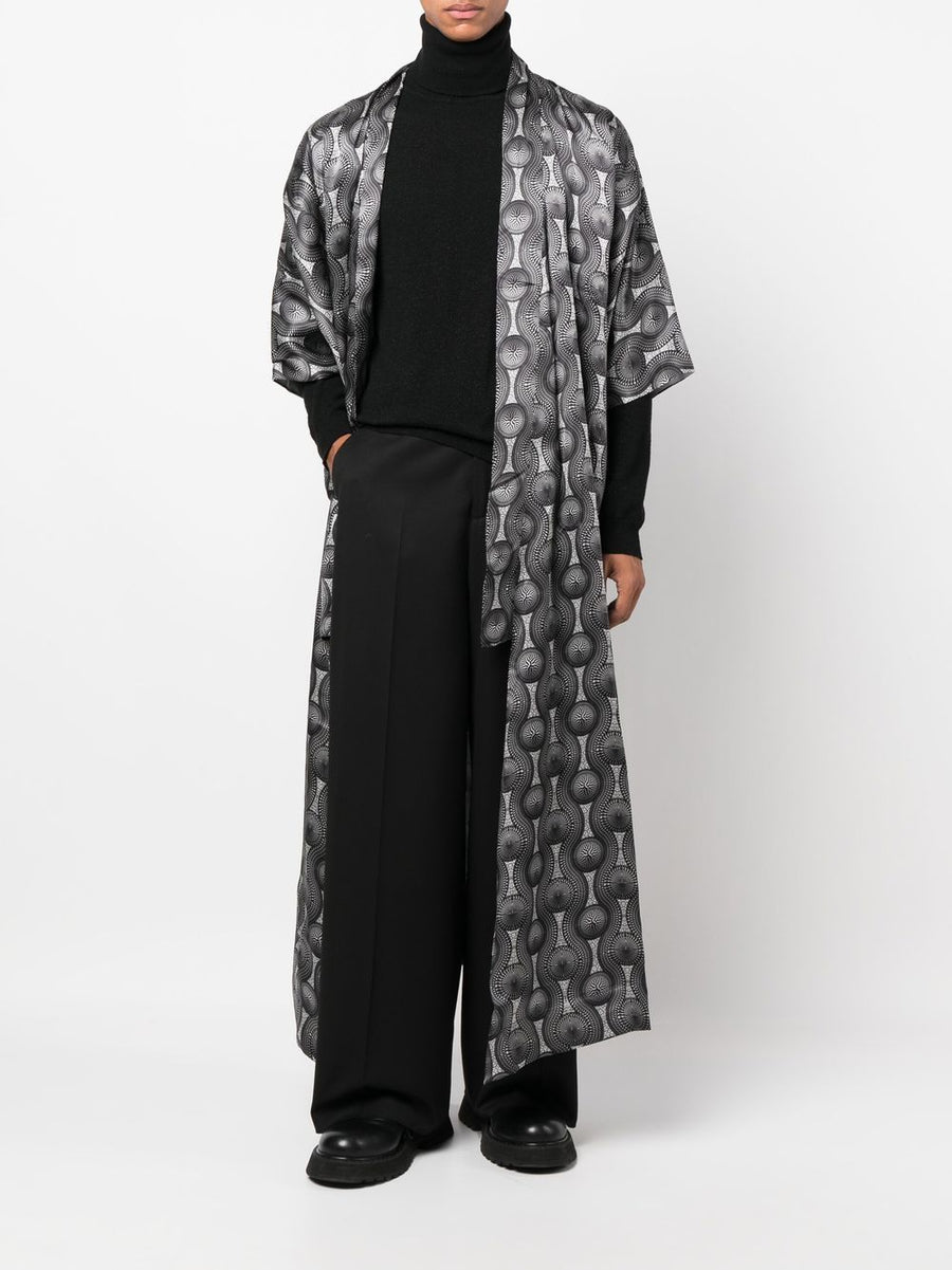 Ozwald Boateng Printed Silk Long Kimono Unisex Geometric Resortwear Open Front Luxe