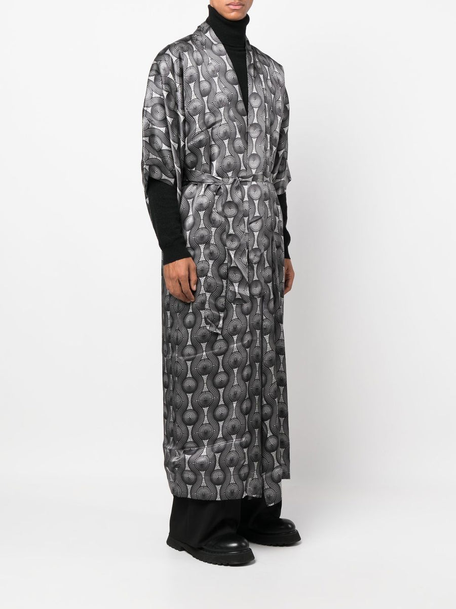 Ozwald Boateng Printed Silk Long Kimono Unisex Geometric Resortwear Open Front Luxe