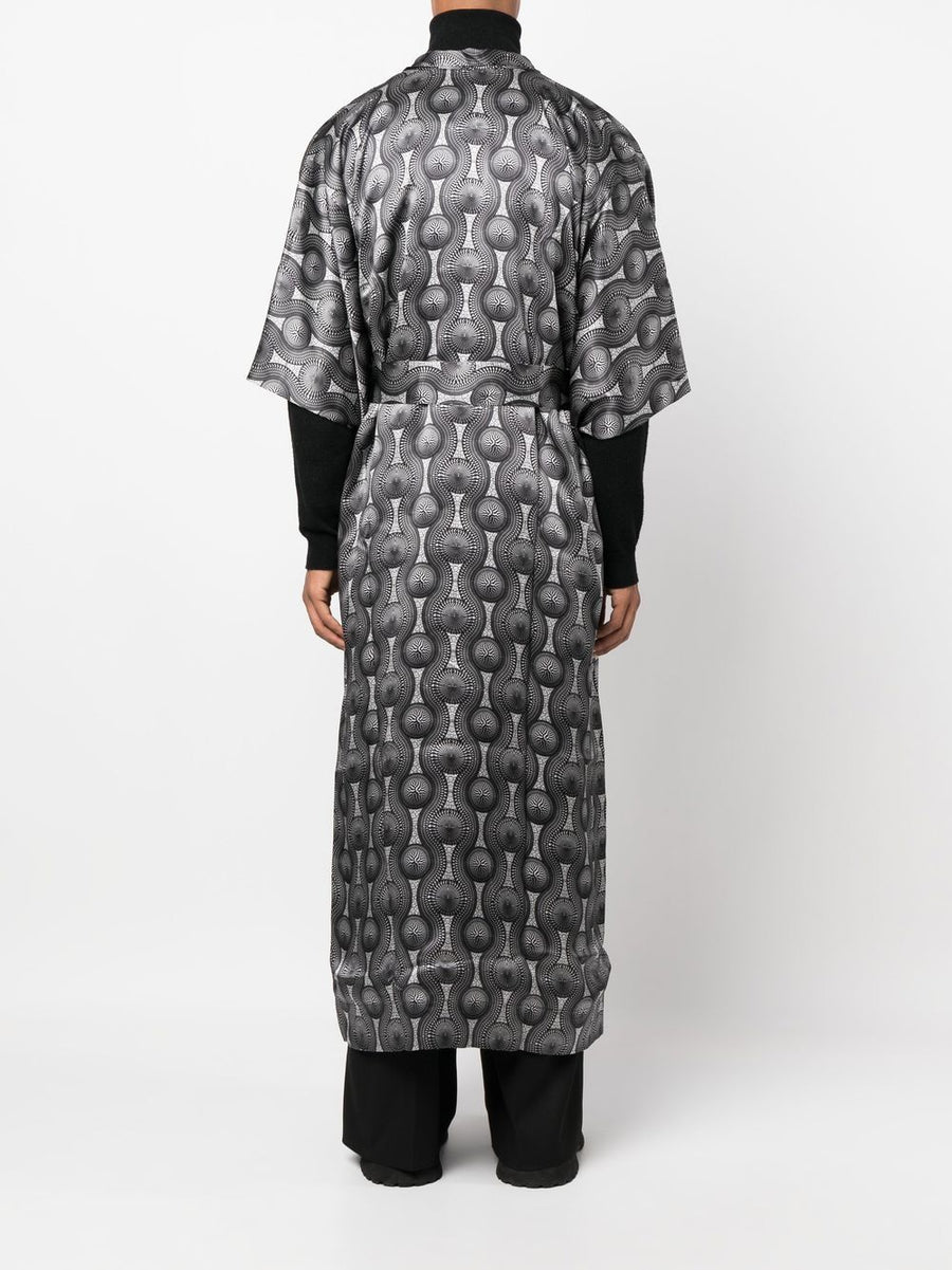 Ozwald Boateng Printed Silk Long Kimono Unisex Geometric Resortwear Open Front Luxe