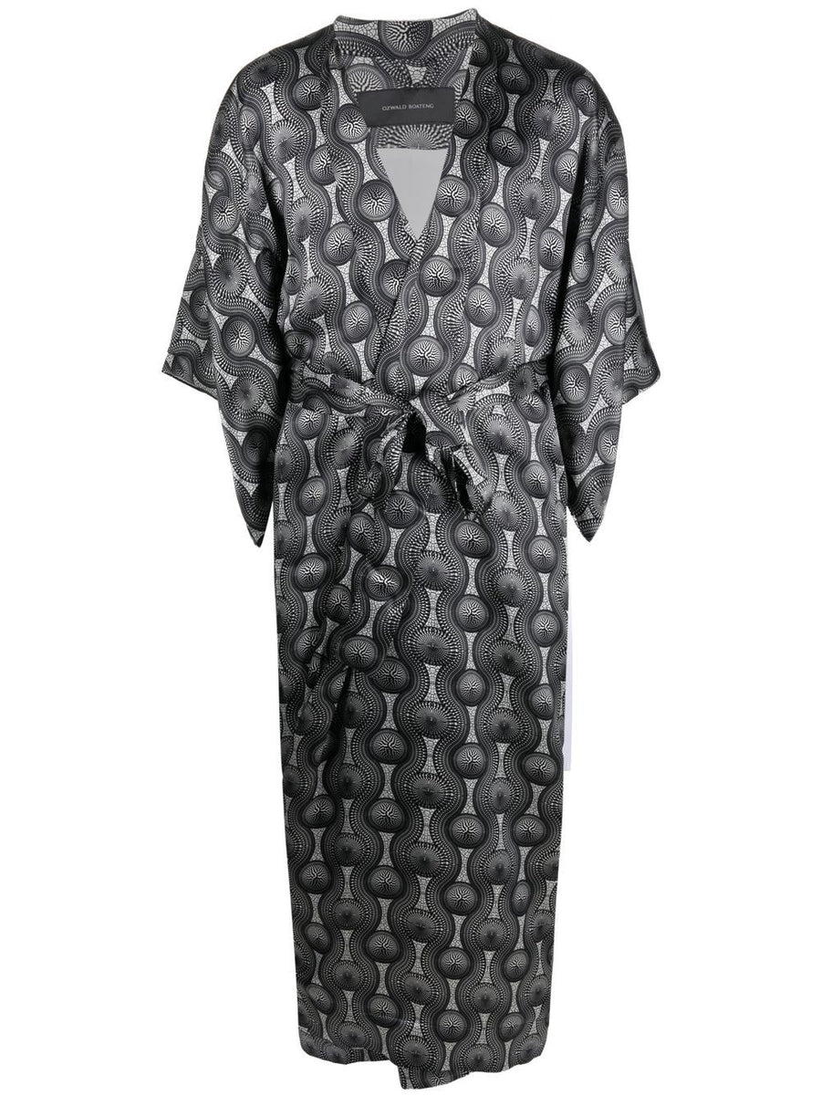 Ozwald Boateng Printed Silk Long Kimono Unisex Geometric Resortwear Open Front Luxe