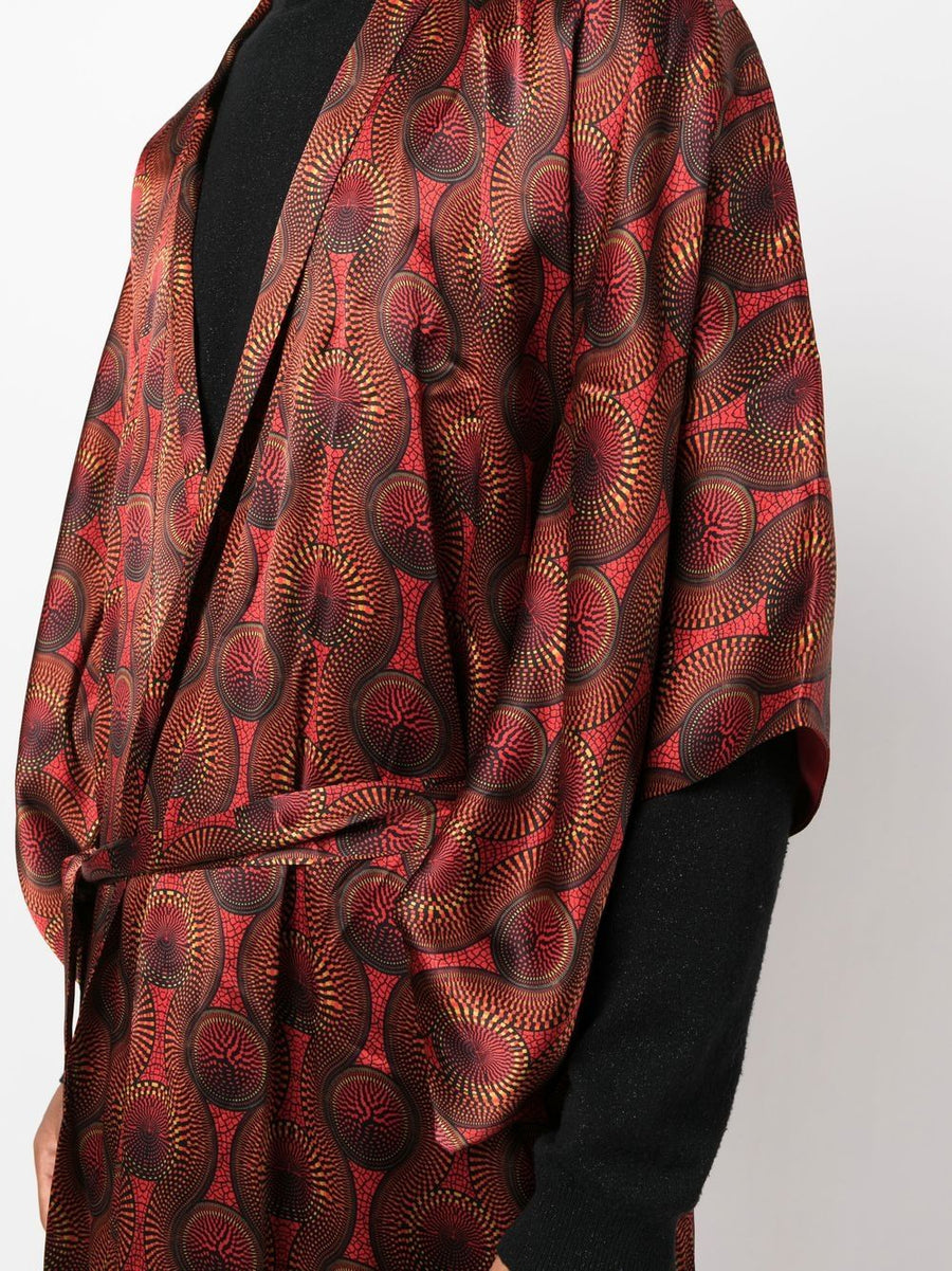 Ozwald Boateng Printed Silk Long Kimono For Men With Red Geometric Print Open Front Belted Luxury
