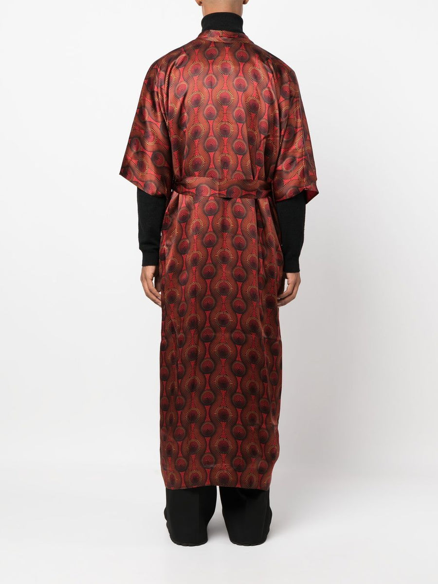 Ozwald Boateng Printed Silk Long Kimono For Men With Red Geometric Print Open Front Belted Luxury